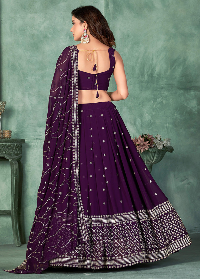 3 Pc Purple Georgette Semi Stitched Lehenga Set - Indian Silk House Agencies