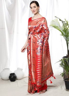 Red Dupion Silk Saree With Blouse Piece - Indian Silk House Agencies