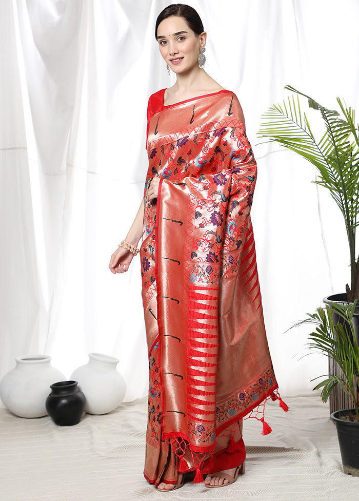 Red Dupion Silk Saree With Blouse Piece - Indian Silk House Agencies