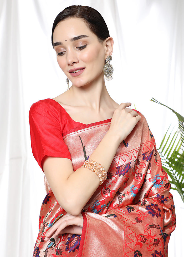 Red Dupion Silk Saree With Blouse Piece - Indian Silk House Agencies