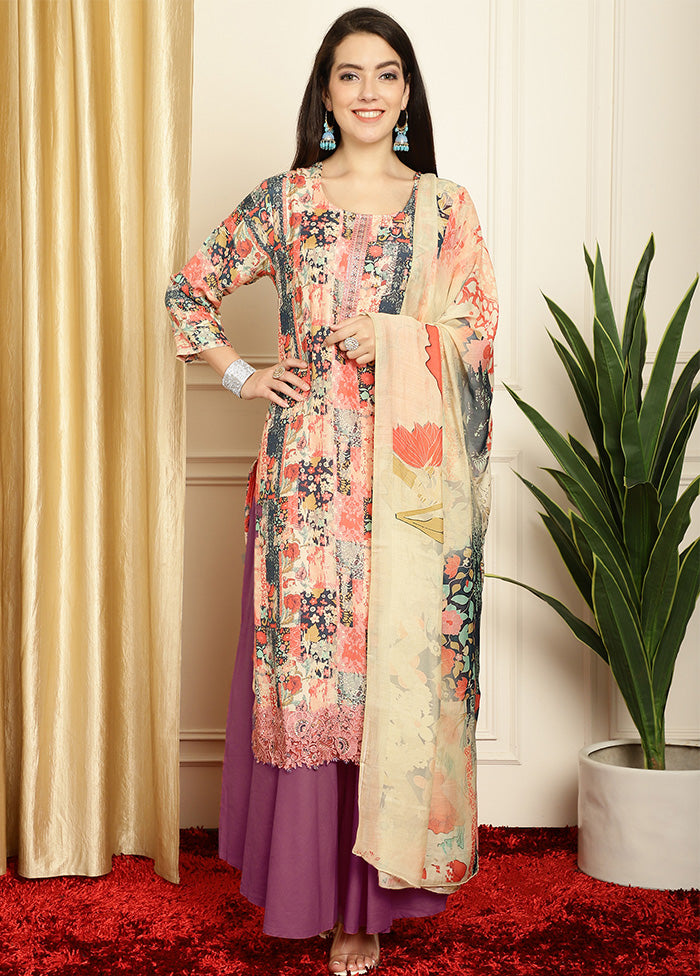 3 Pc Multicolor Unstitched Silk Suit Set - Indian Silk House Agencies