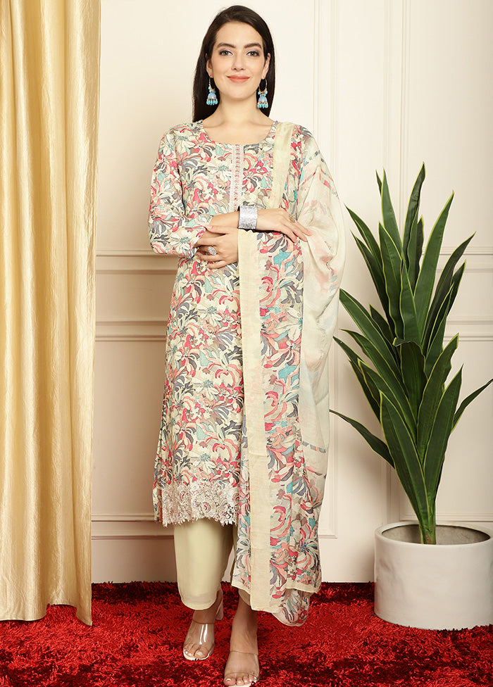 3 Pc Multicolor Unstitched Silk Suit Set - Indian Silk House Agencies