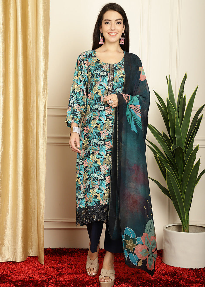 3 Pc Navy Blue Unstitched Silk Suit Set - Indian Silk House Agencies