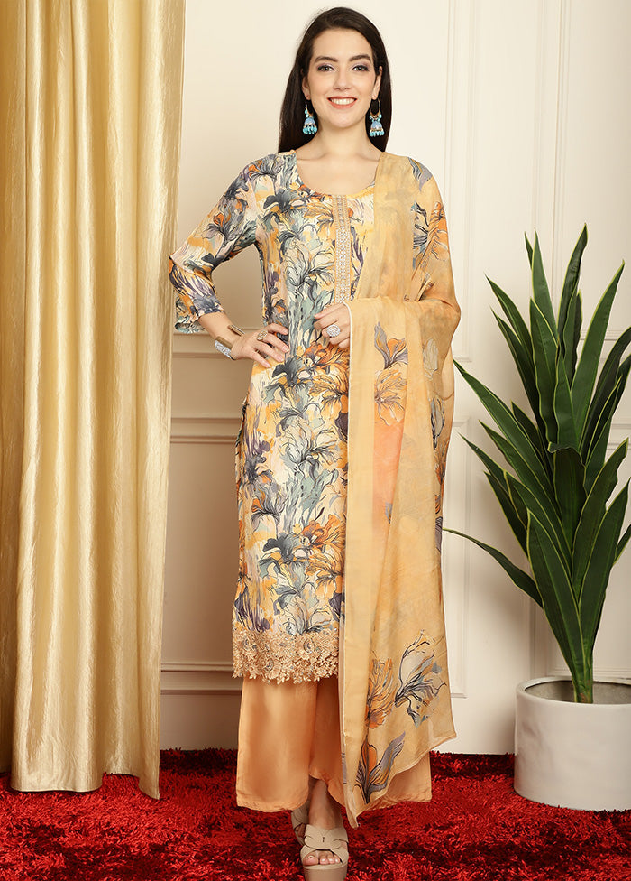 3 Pc Multicolor Unstitched Silk Suit Set - Indian Silk House Agencies