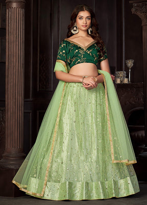 3 Pc Pista Green Net Semi Stitched Lehenga Set