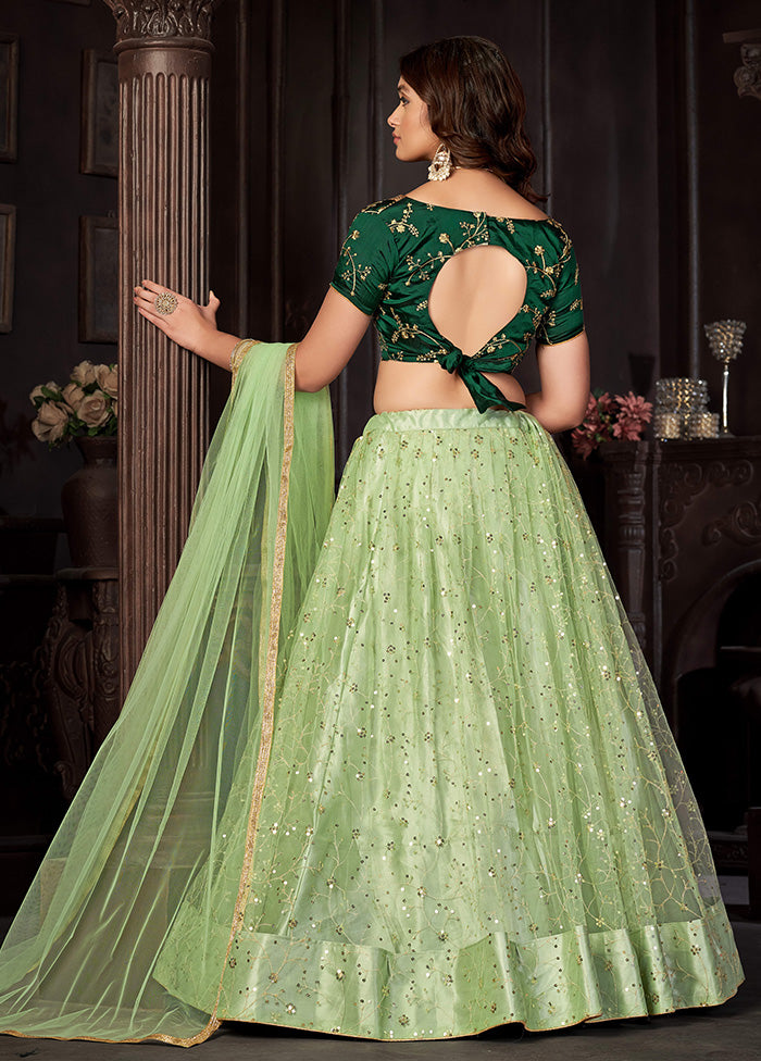 3 Pc Pista Green Net Semi Stitched Lehenga Set - Indian Silk House Agencies