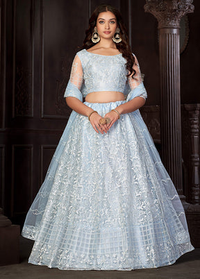 3 Pc Sky Blue Net Semi Stitched Lehenga Set