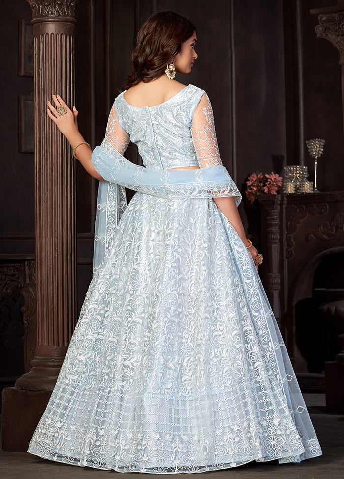 3 Pc Sky Blue Net Semi Stitched Lehenga Set