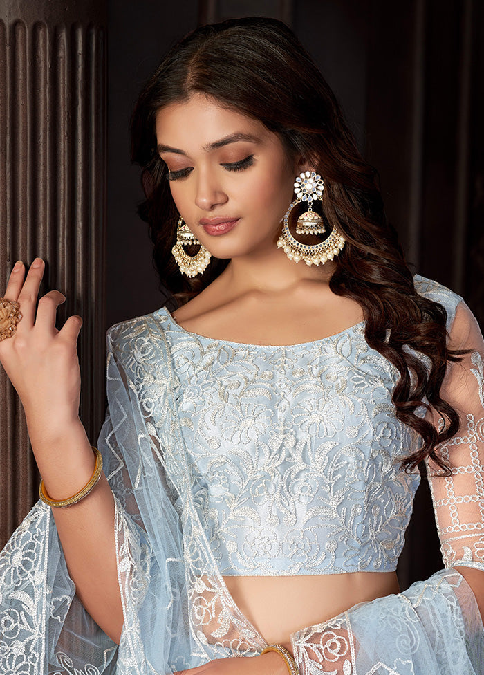 3 Pc Sky Blue Net Semi Stitched Lehenga Set