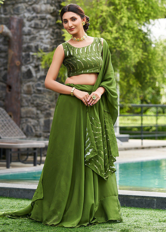 3 Pc Mehendi Silk Semi Stitched Lehenga Set