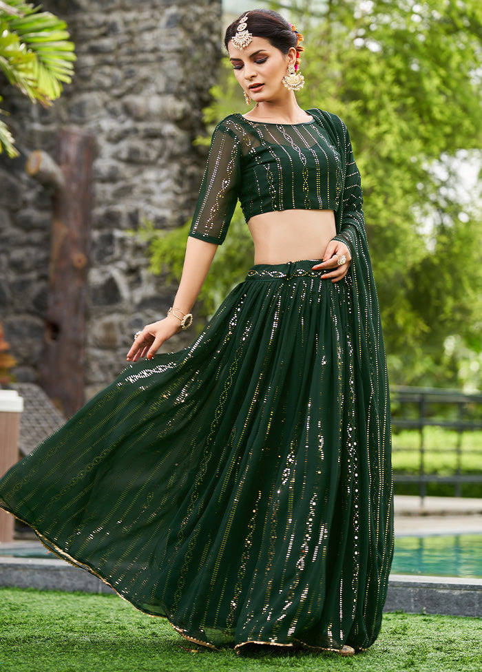 3 Pc Green Georgette Semi Stitched Lehenga Set - Indian Silk House Agencies