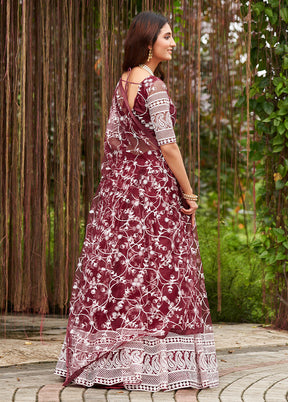 3 Pc Maroon Net Semi Stitched Lehenga Set - Indian Silk House Agencies