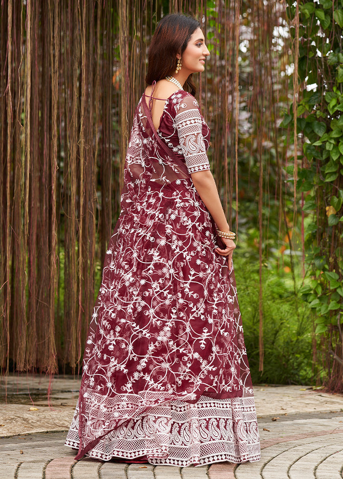 3 Pc Maroon Net Semi Stitched Lehenga Set - Indian Silk House Agencies