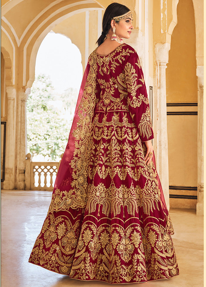 3 Pc Maroon Velvet Semi Stitched Lehenga Set - Indian Silk House Agencies