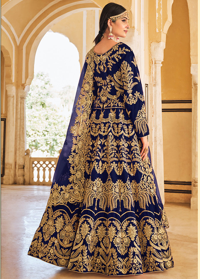 3 Pc Blue Velvet Semi Stitched Lehenga Set - Indian Silk House Agencies