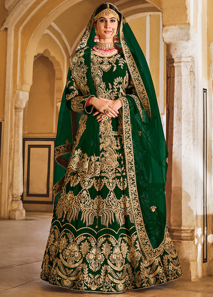 3 Pc Green Velvet Semi Stitched Lehenga Set - Indian Silk House Agencies