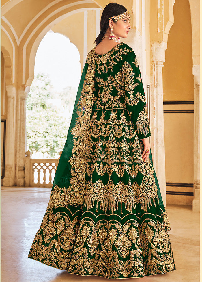 3 Pc Green Velvet Semi Stitched Lehenga Set - Indian Silk House Agencies