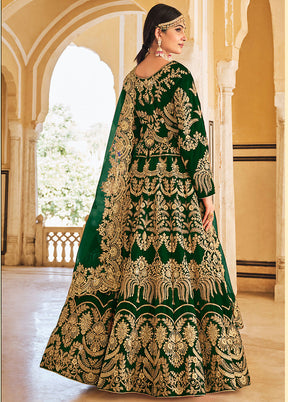 3 Pc Green Velvet Semi Stitched Lehenga Set - Indian Silk House Agencies