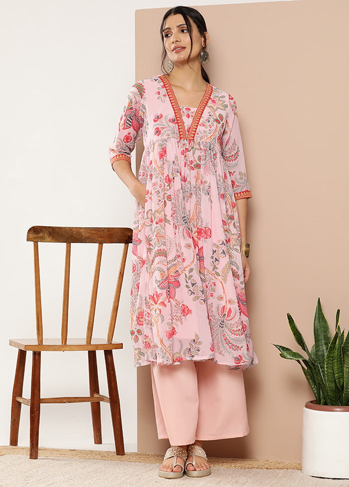 2 Pc Pink Readymade Georgette Kurti Set - Indian Silk House Agencies