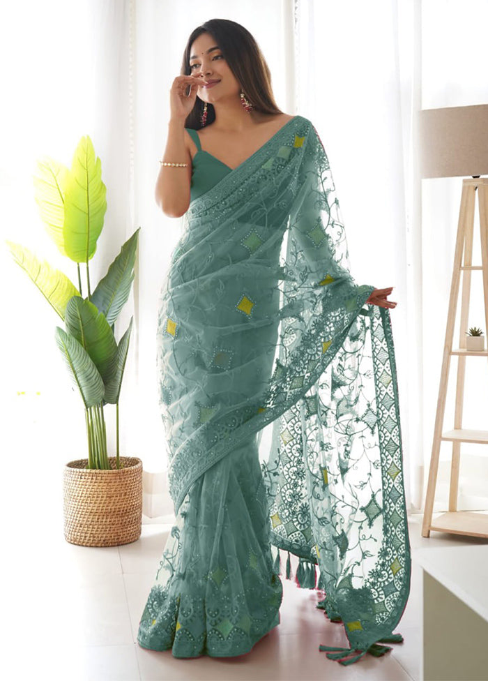 Teal Organza Saree With Blouse Piece - Indian Silk House Agencies