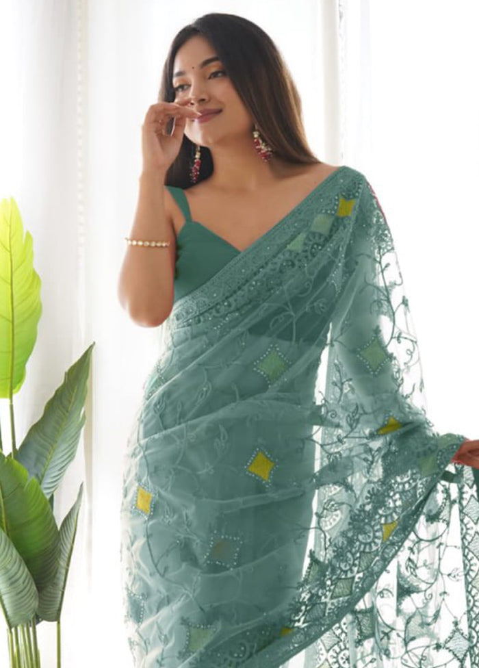 Teal Organza Saree With Blouse Piece - Indian Silk House Agencies