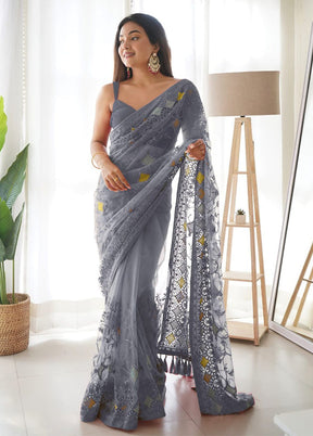 Grey Organza Saree With Blouse Piece - Indian Silk House Agencies