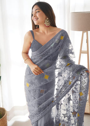 Grey Organza Saree With Blouse Piece - Indian Silk House Agencies