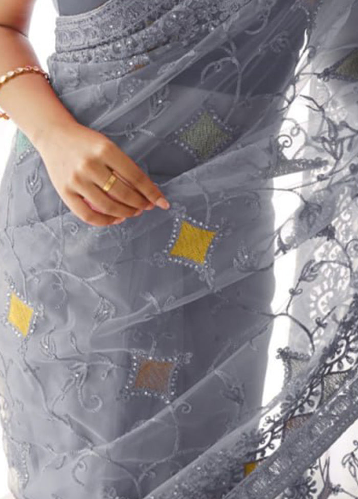 Grey Organza Saree With Blouse Piece - Indian Silk House Agencies