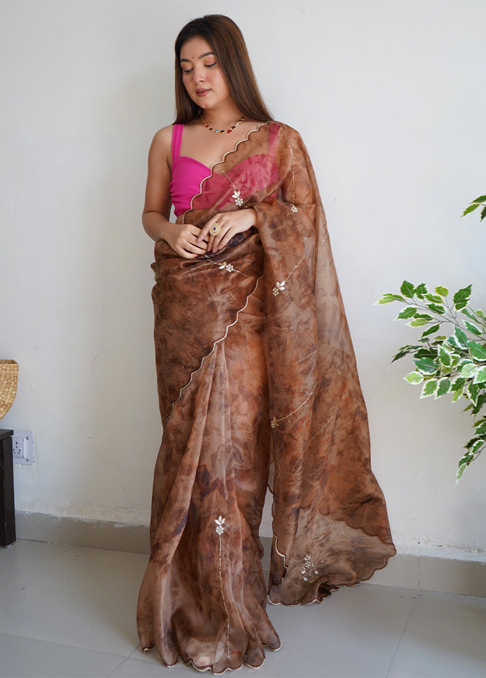 Brown Organza Saree With Blouse Piece - Indian Silk House Agencies