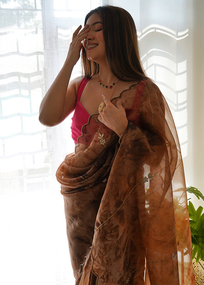 Brown Organza Saree With Blouse Piece - Indian Silk House Agencies