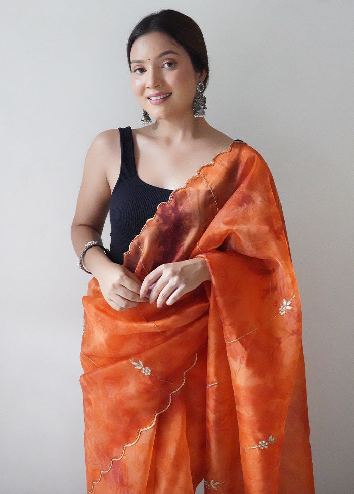 Orange Organza Saree With Blouse Piece - Indian Silk House Agencies