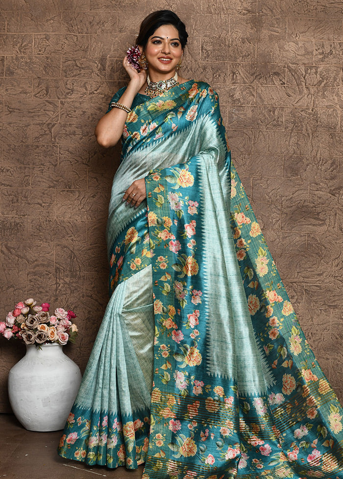 Blue Dupion Silk Saree With Blouse Piece - Indian Silk House Agencies