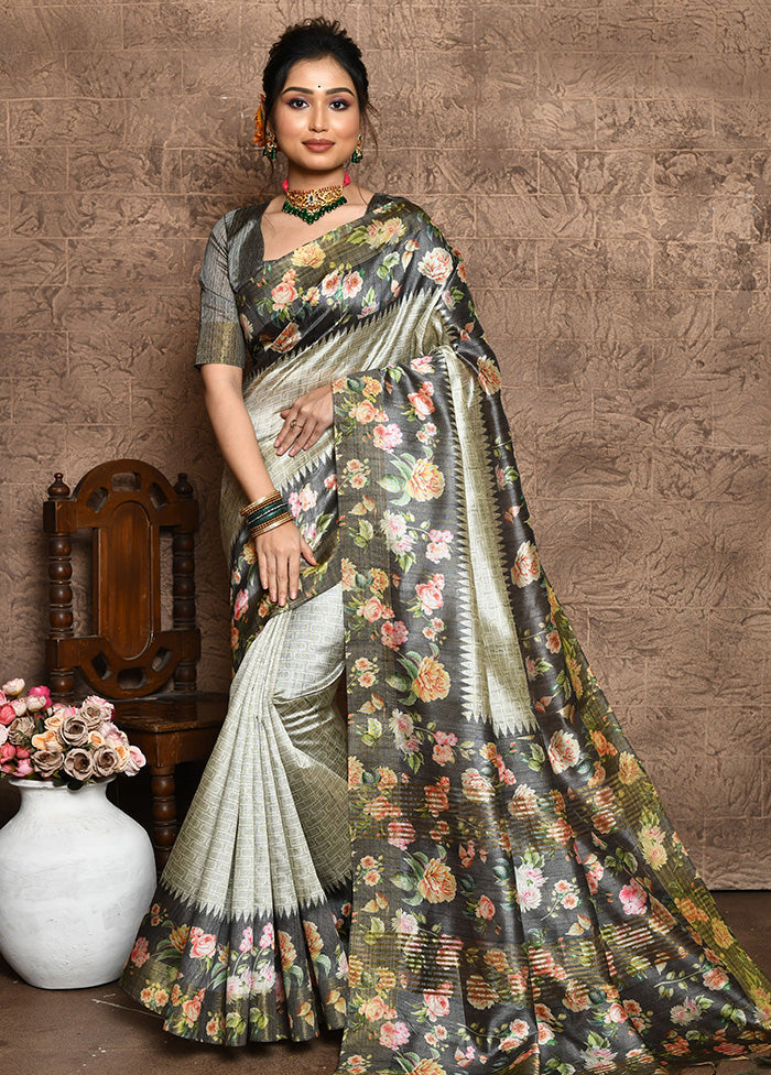 Grey Dupion Silk Saree With Blouse Piece - Indian Silk House Agencies