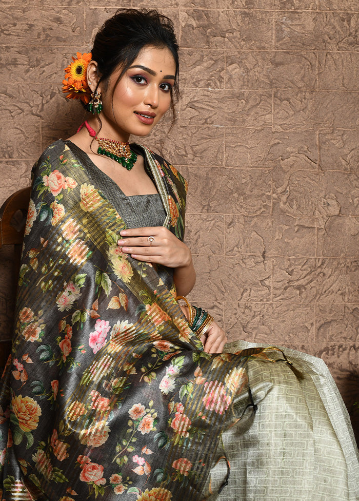 Grey Dupion Silk Saree With Blouse Piece - Indian Silk House Agencies