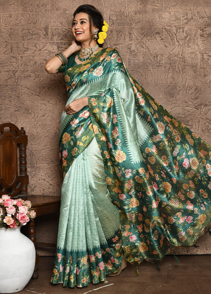 Green Dupion Silk Saree With Blouse Piece - Indian Silk House Agencies