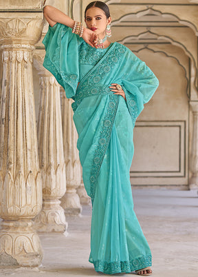 Turquoise Silk Saree With Blouse Piece - Indian Silk House Agencies