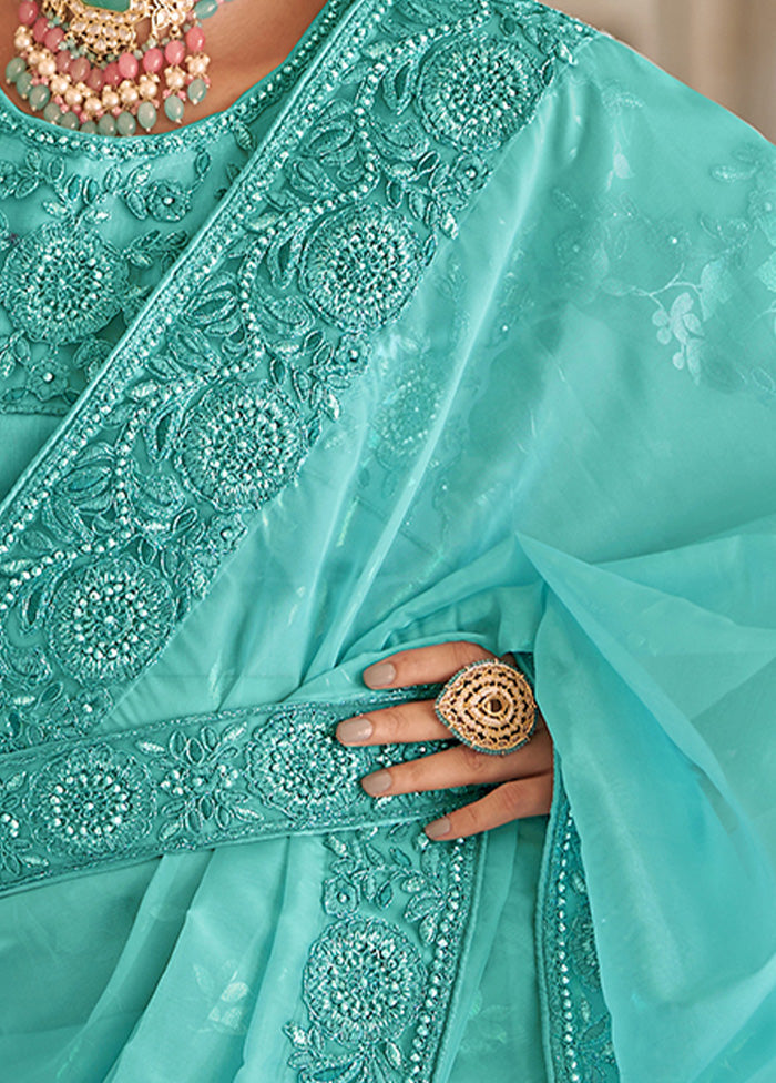 Turquoise Silk Saree With Blouse Piece - Indian Silk House Agencies