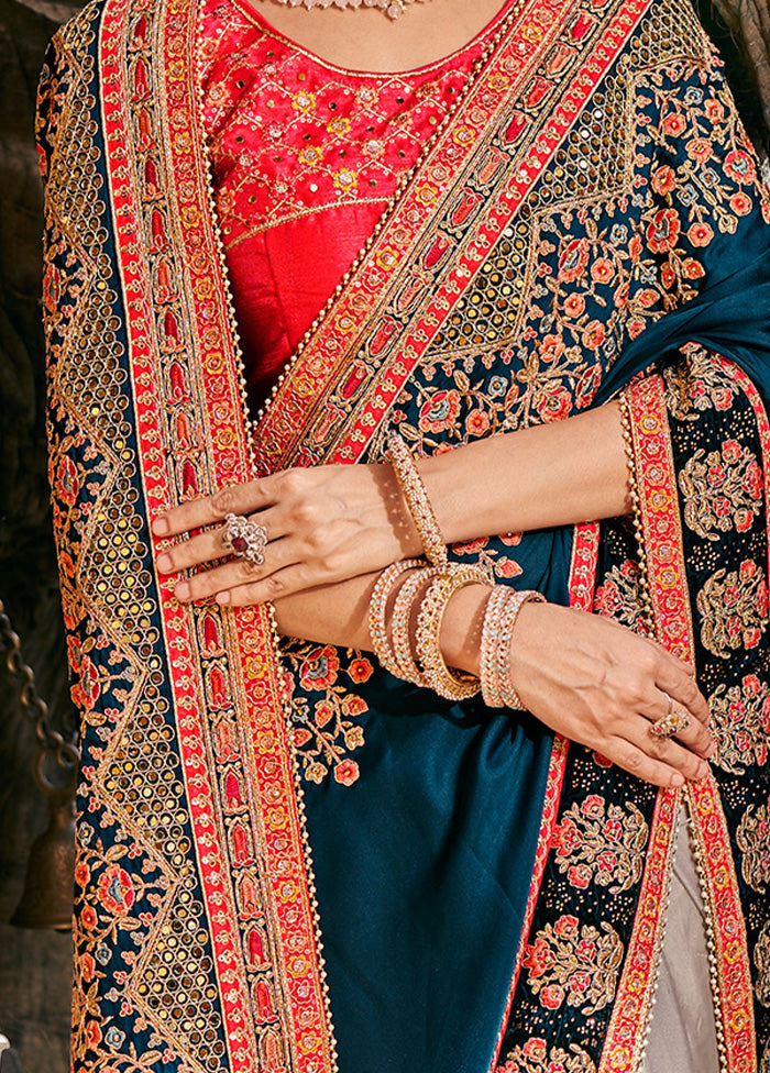 Teal Blue Silk Saree With Blouse Piece - Indian Silk House Agencies