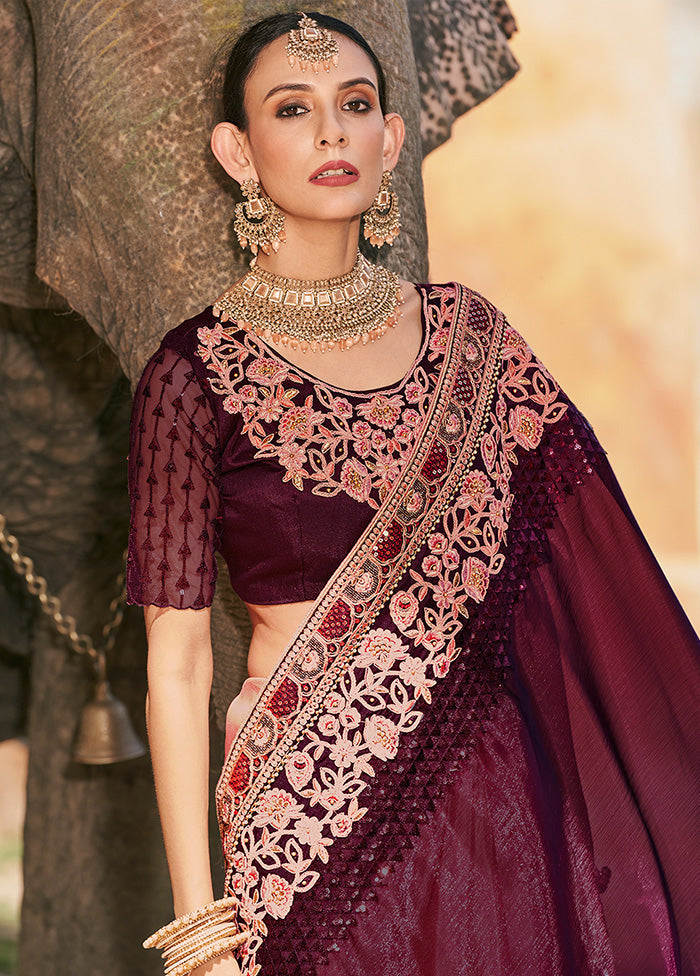 Wine Silk Saree With Blouse Piece - Indian Silk House Agencies