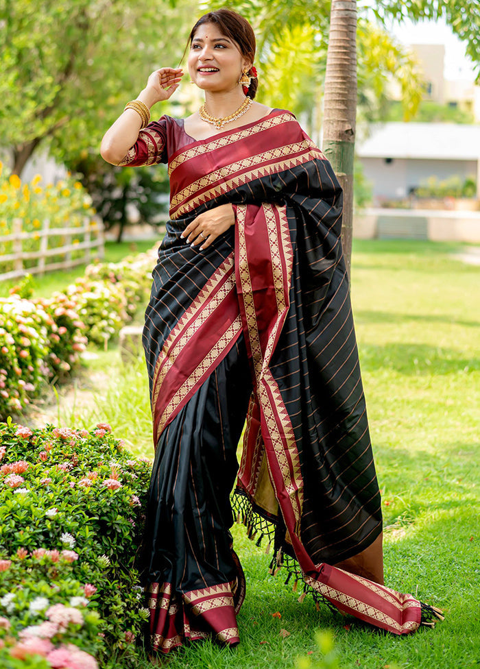 Black Dupion Silk Saree With Blouse Piece - Indian Silk House Agencies