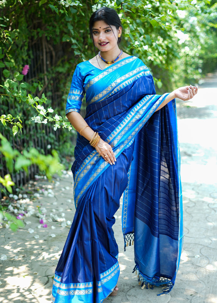 Blue Dupion Silk Saree With Blouse Piece - Indian Silk House Agencies