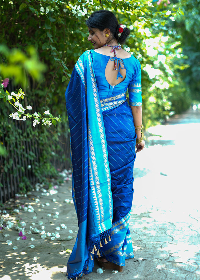 Blue Dupion Silk Saree With Blouse Piece - Indian Silk House Agencies