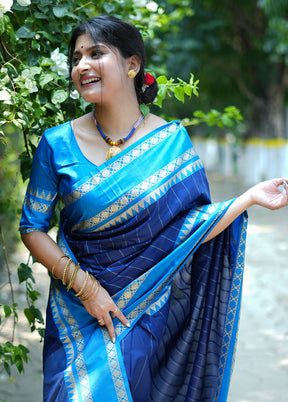 Blue Dupion Silk Saree With Blouse Piece - Indian Silk House Agencies