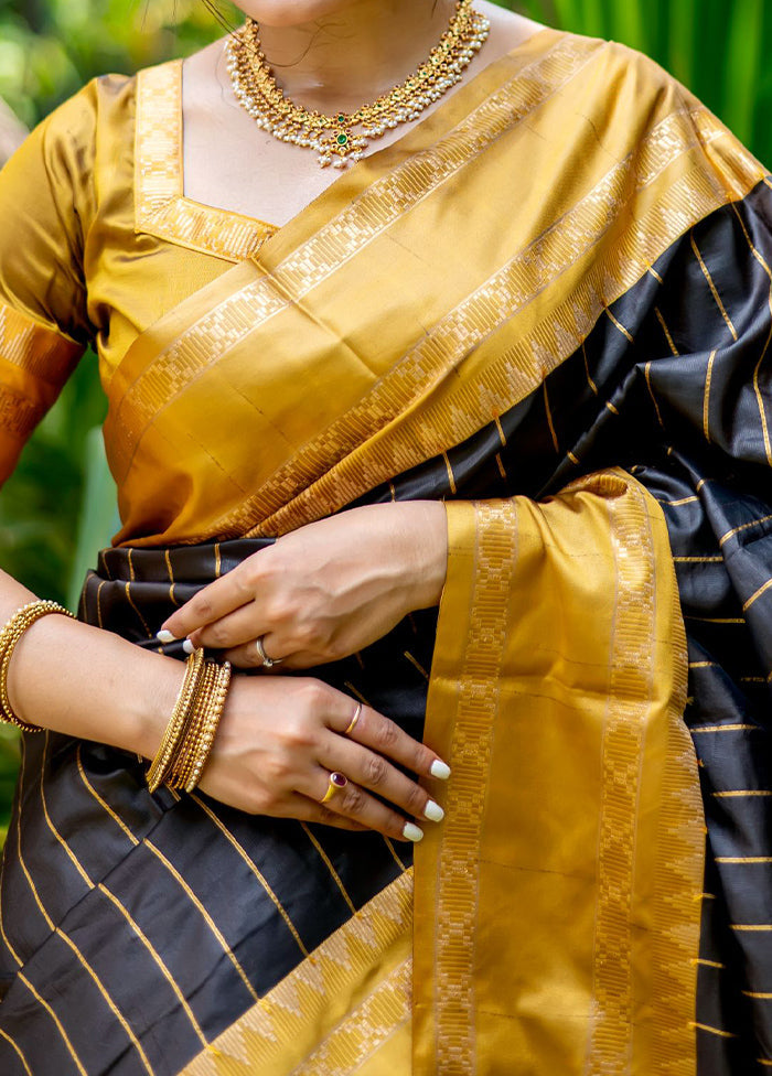 Black Dupion Silk Saree With Blouse Piece - Indian Silk House Agencies