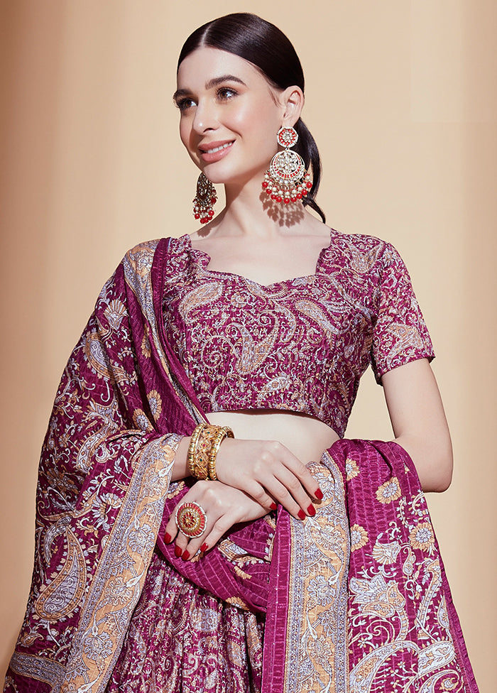 3 Pc Purple Silk Semi Stitched Lehenga Set - Indian Silk House Agencies