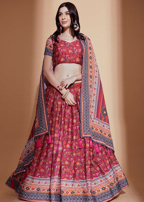 3 Pc Pink Silk Semi Stitched Lehenga Set