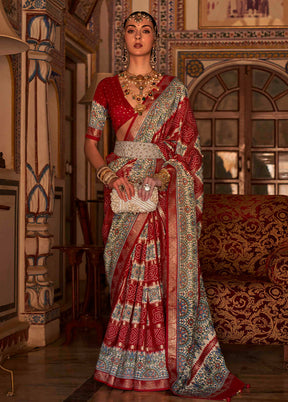 Red Dupion Silk Saree With Blouse Piece - Indian Silk House Agencies