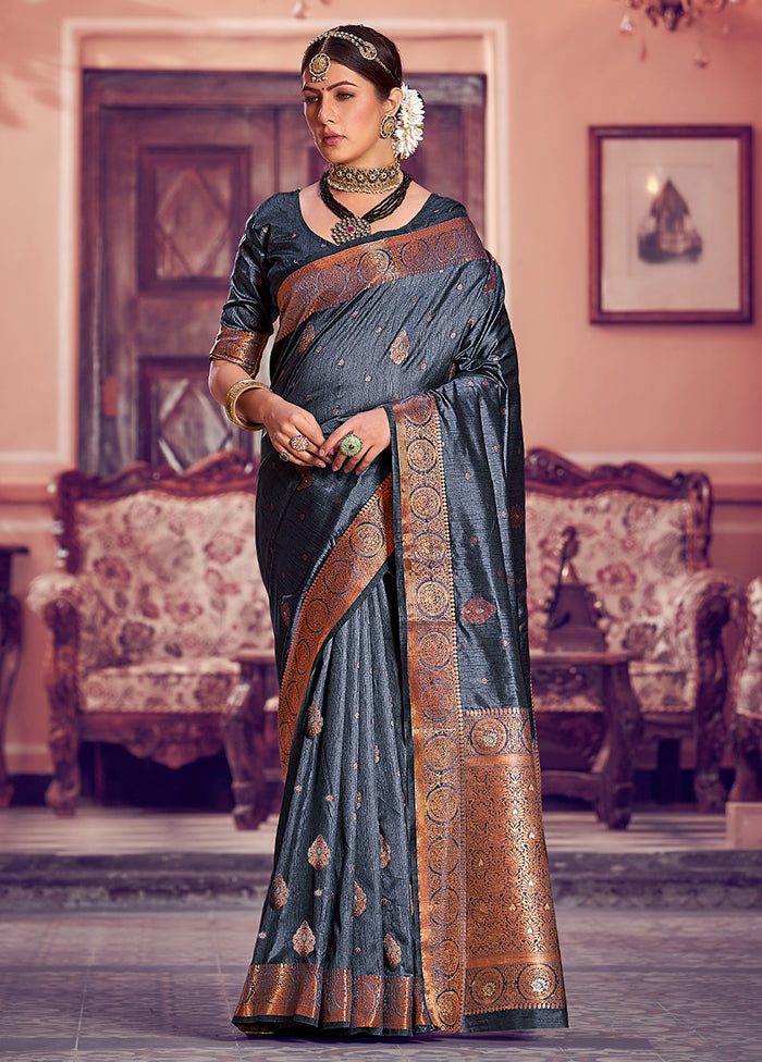 Grey Dupion Silk Saree With Blouse Piece - Indian Silk House Agencies