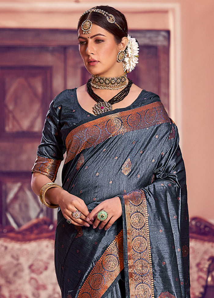 Grey Dupion Silk Saree With Blouse Piece - Indian Silk House Agencies