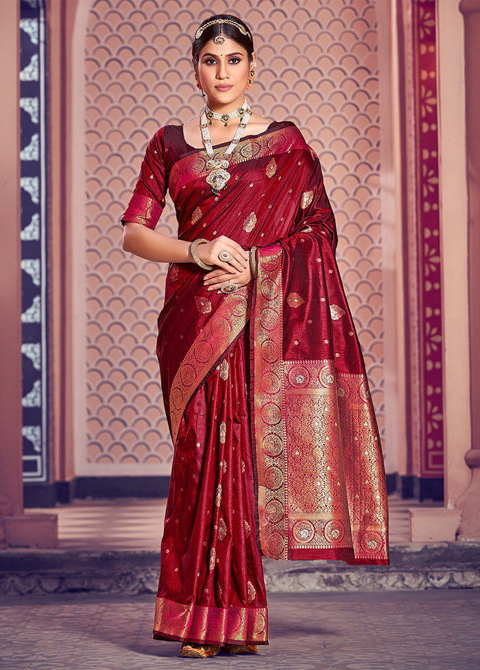 Red Dupion Silk Saree With Blouse Piece - Indian Silk House Agencies